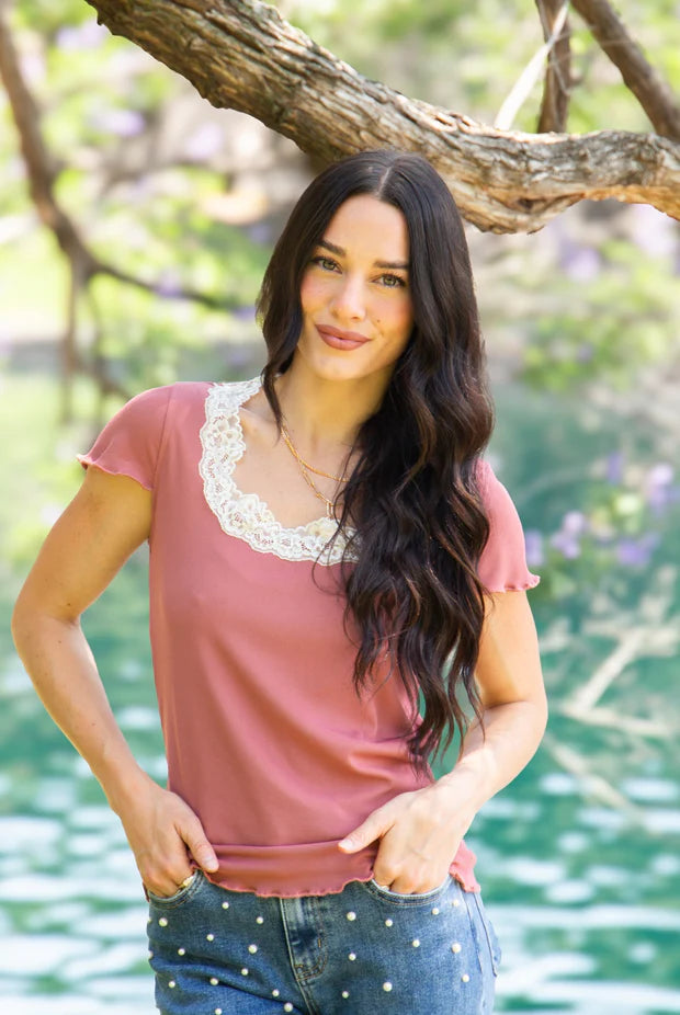 Mauve Lace Trim Square neck Top