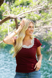 Square Neck Tee with Lace Trim, Maroon