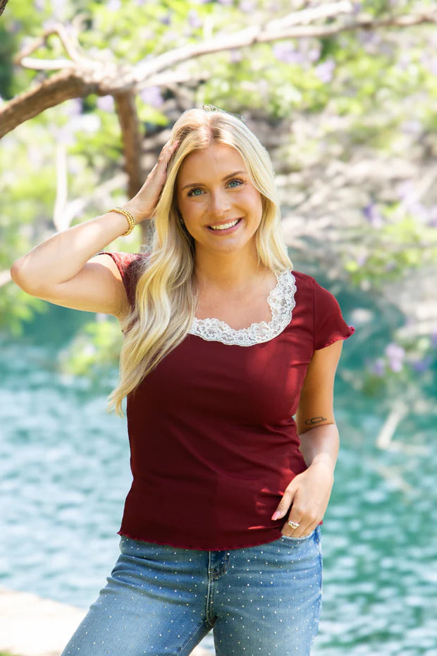 Maroon Lace Trim Square neck Top