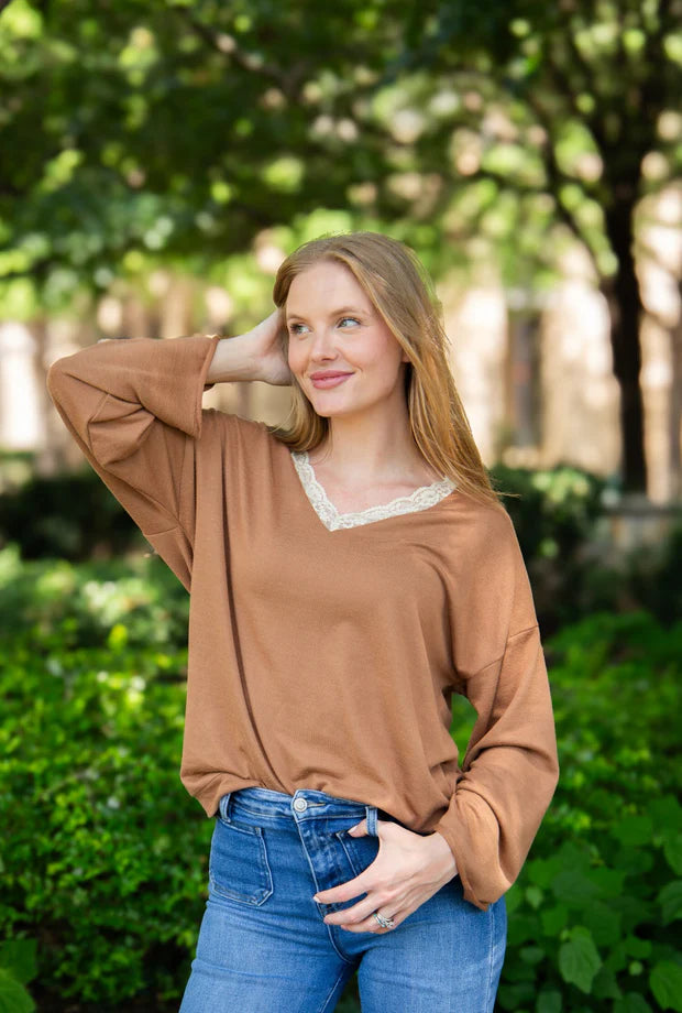 Light Brown Loose Fit Lace Trim V neck Long Sleeve Top