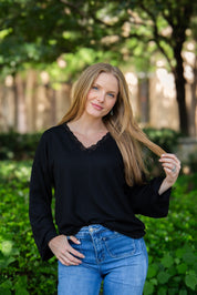 V-Neck Top with Lace Trim, Black