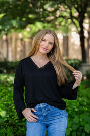 Black Loose Fit Lace Trim V neck Long Sleeve Top