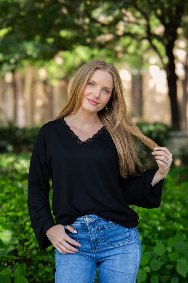 Black Loose Fit Lace Trim V neck Long Sleeve Top