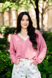 Dusty Rose Loose Fit Lace Trim V neck Long Sleeve Top