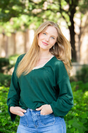 V-Neck Top with Lace Trim, Forest Green