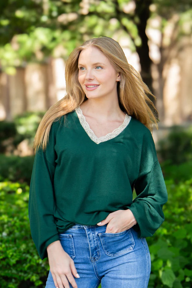 Forset Green Loose Fit Lace Trim V neck Long Sleeve Top
