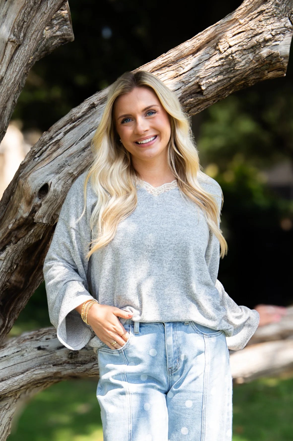Light Grey  Loose Fit Lace Trim V neck Long Sleeve Top