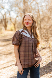 Western Yoke Collared Top with Embroidered Horses
