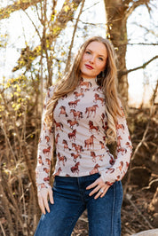 Mock Neck Mesh Top, Horse Print
