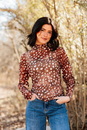 Mock Neck Mesh Top, Deer Print
