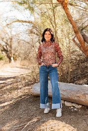 Mock Neck Mesh Top, Deer Print