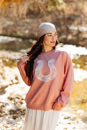 Lace Horse Shoe on Pink Sweatshirt