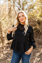 High Neck Blouse with Lace Peplum, Black