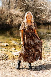 Puff Sleeve Midi Dress, Leopard