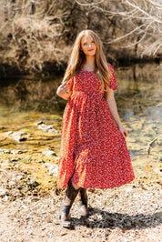 Puff Sleeve Midi Dress, Red Floral
