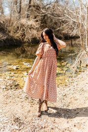 Puff Sleeve Midi Dress, Rust Floral