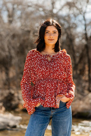 Peplum Blouse with Ruffle Detail, Red Floral