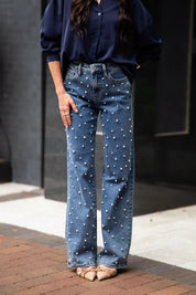Straight Leg Denim Pearl Embellished  Jeans