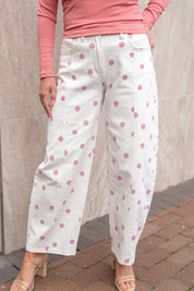 White and Pink Polka Dot Barrel Jeans