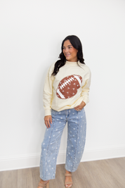 Football on Mock Neck Sweatshirt, Ivory