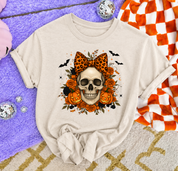 Skull w/leopard bow Tan Halloween Graphic Tee (collective)