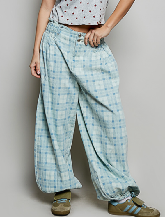 POL Blue Plaid Loose Fit Flowy Pants