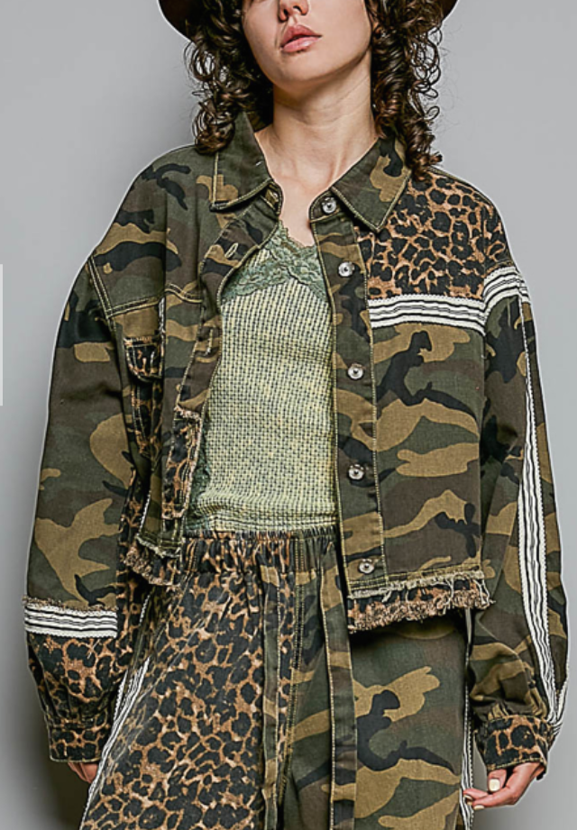 POL Olive Camo and Leopard Button Up Shacket