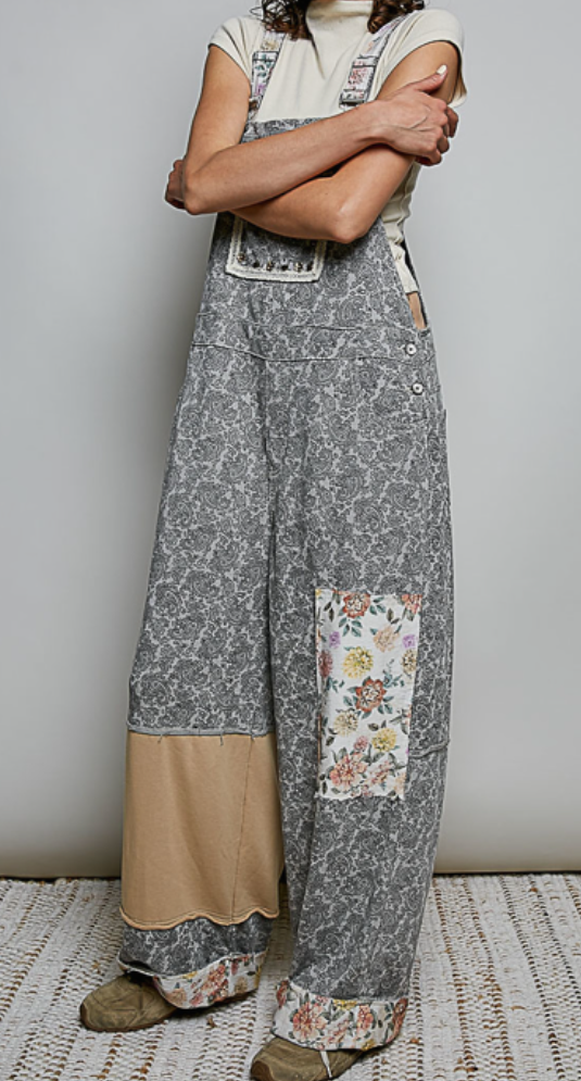 POL Chic Wide Leg French Terry Overall Jumpsuit  Grey Paisley
