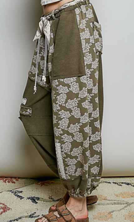 POL  Olive And Multi Paisley Wide Leg Joggers