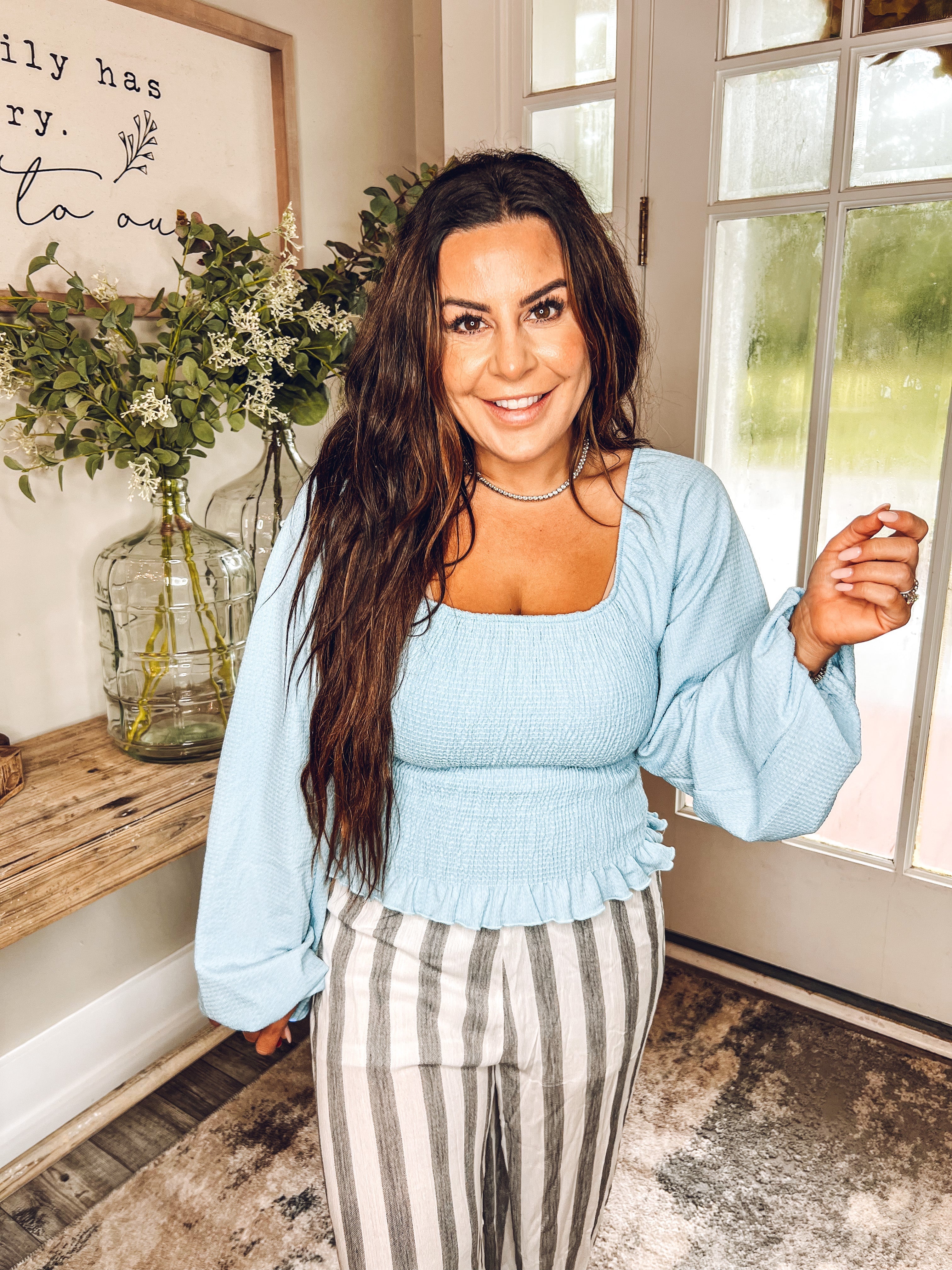 Light Blue Smocked Bust Long Sleeve Top