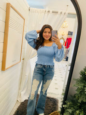 Light Blue Smocked Bust Long Sleeve Top