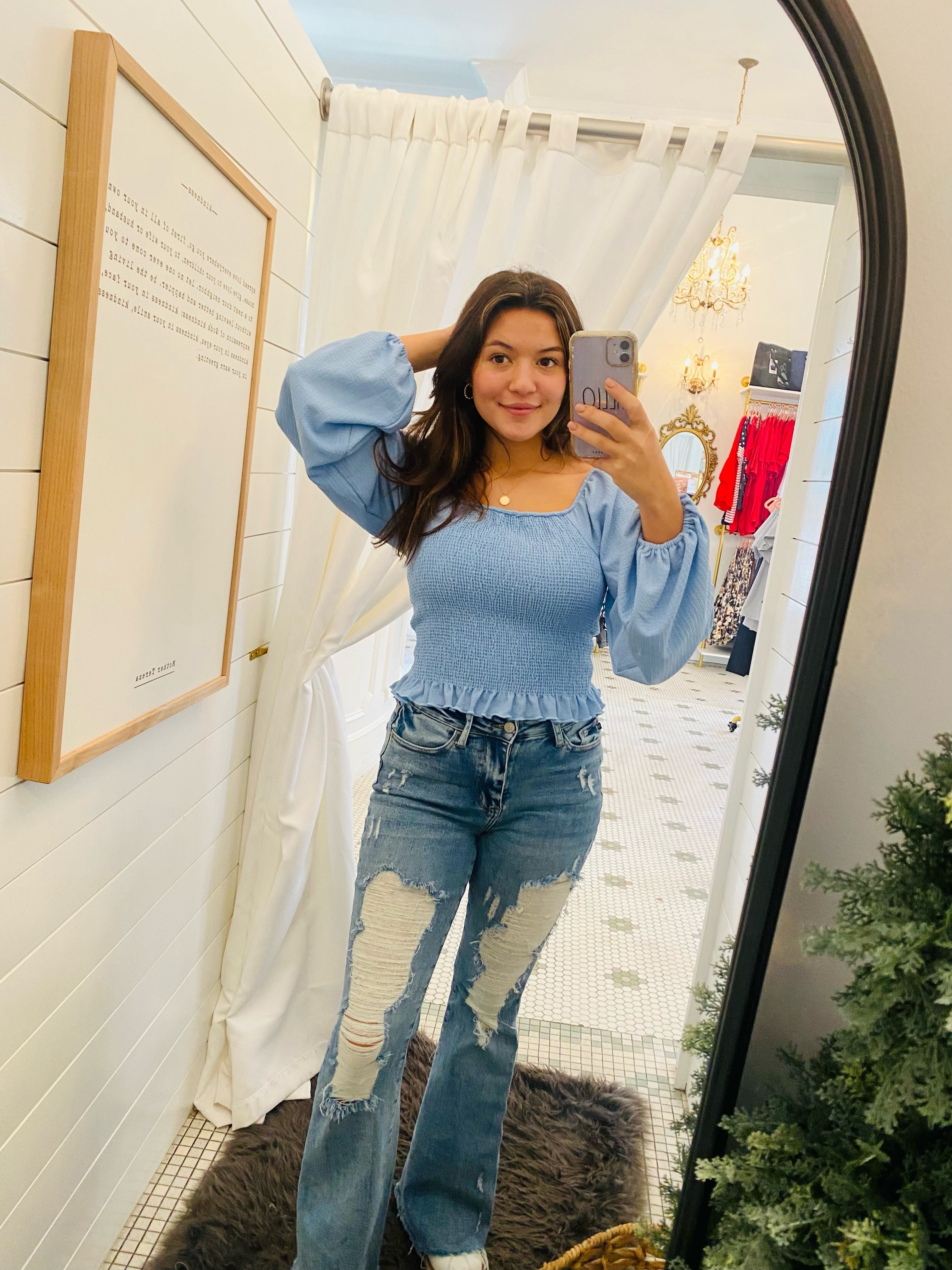 Light Blue Smocked Bust Long Sleeve Top