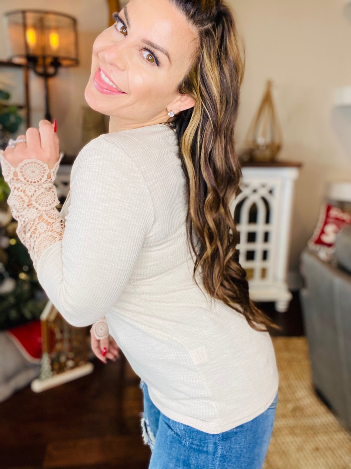 BEIGE  SASSY LACE LOOSE FIT TOP