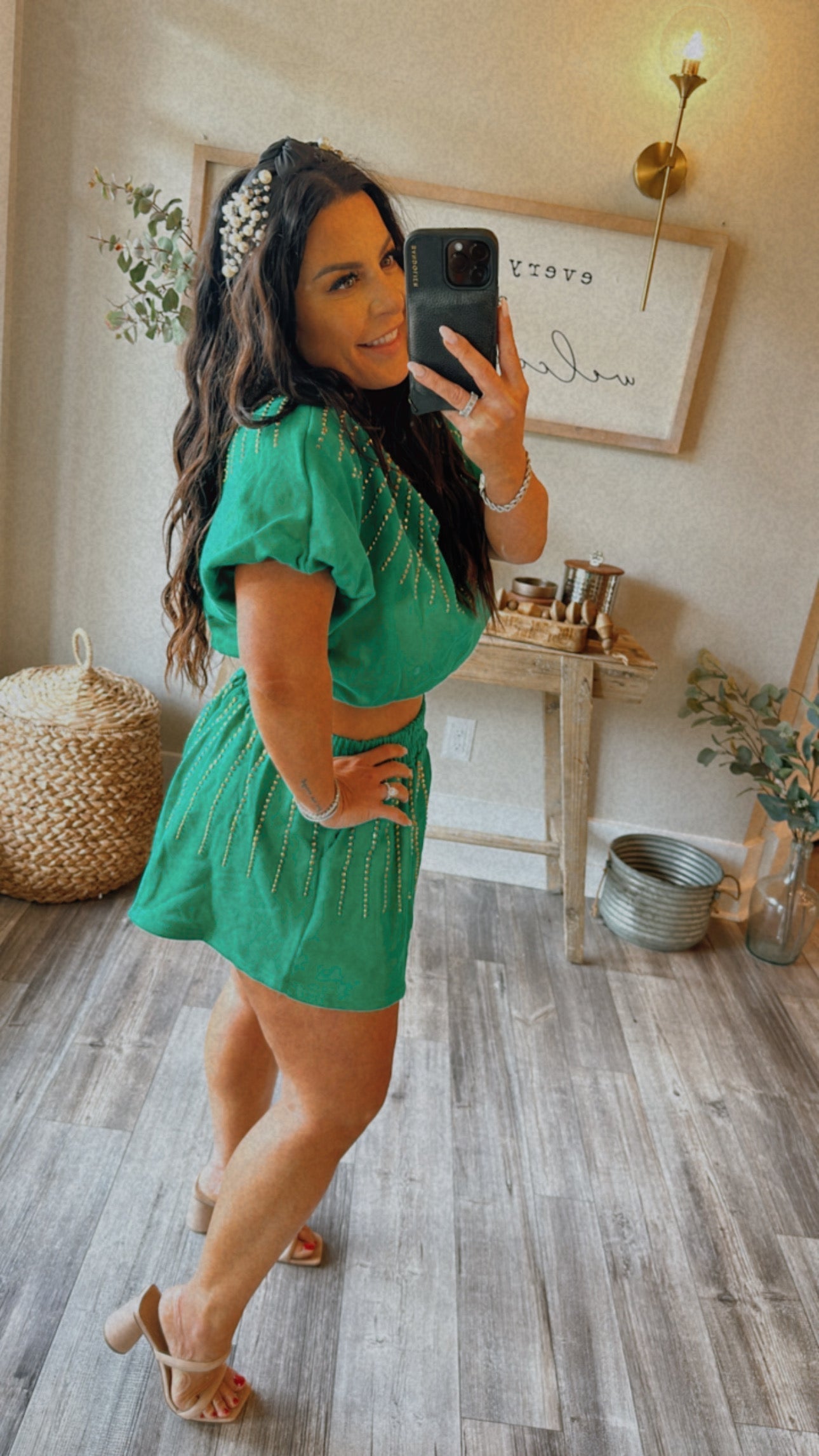 Jeaneane's Custom Green and Gold Sparkle Studded Shorts