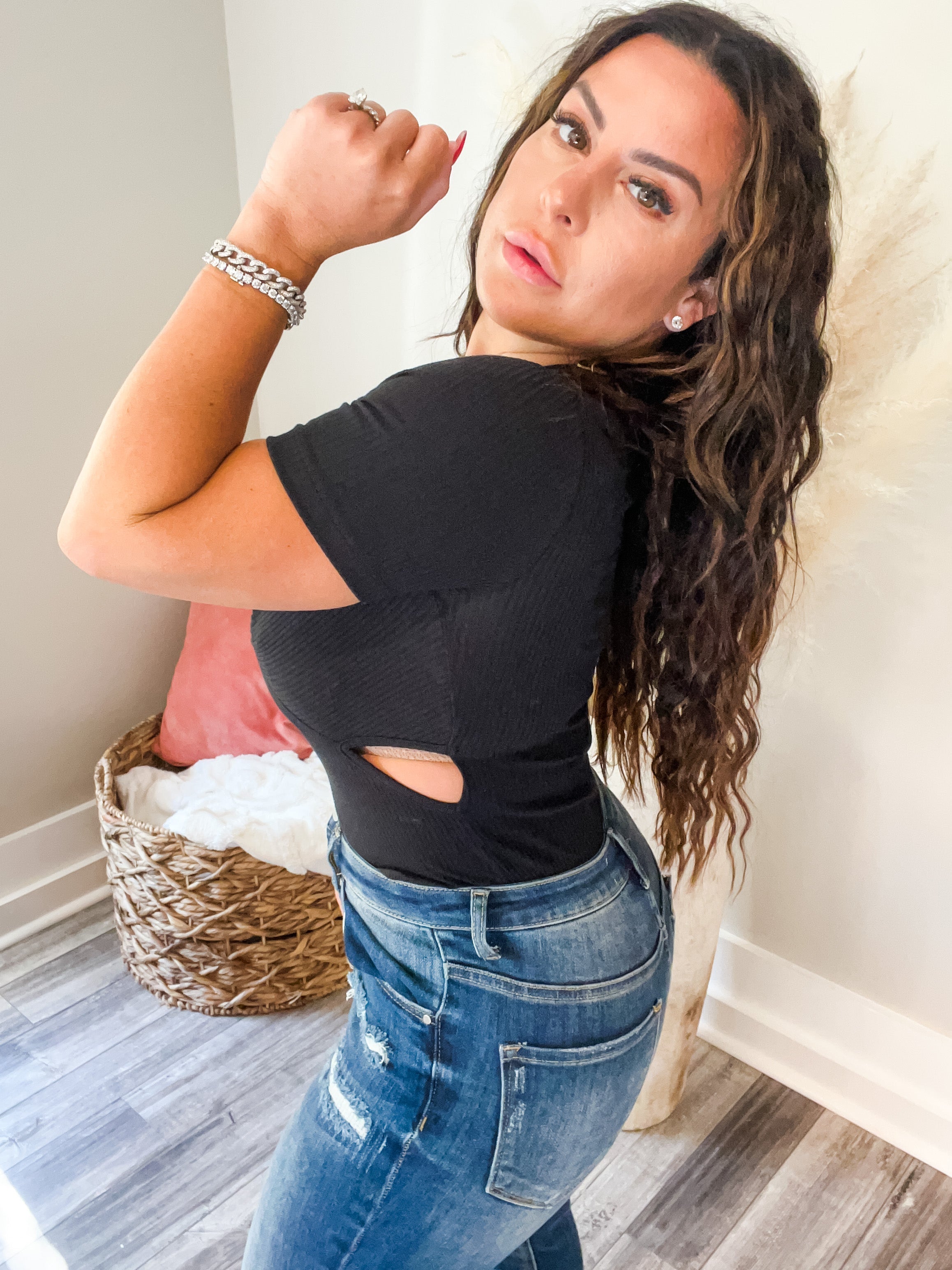 Sassy Vneck Black Ribbed Body Suit