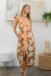 Camel and Orange Satin Maxi Dresss