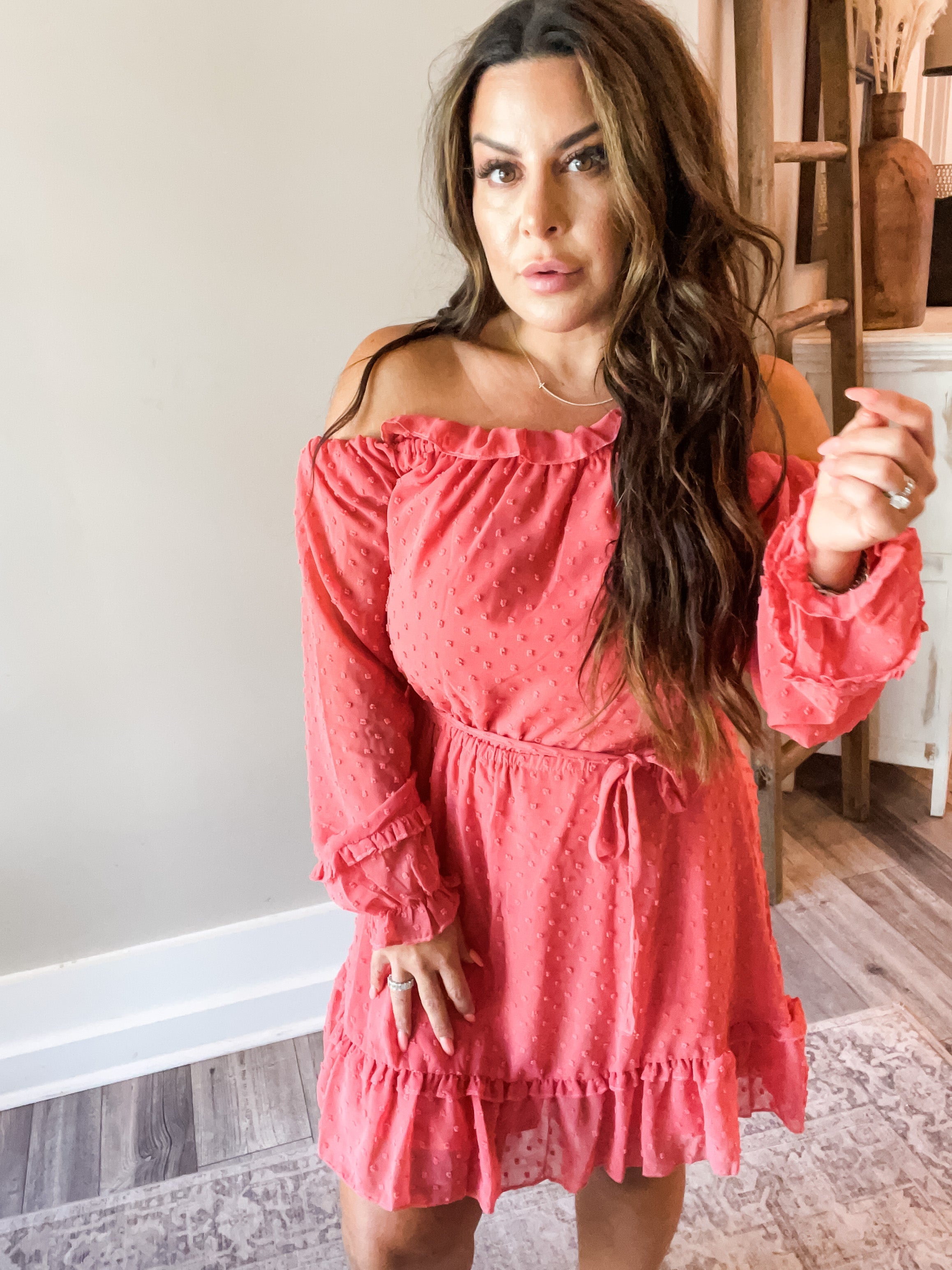 Long Sleeve Off Shoulder Coral Swiss Dot Dress