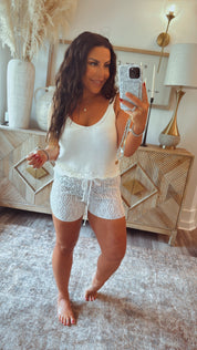 White Knit Scalloped Hem Shorts