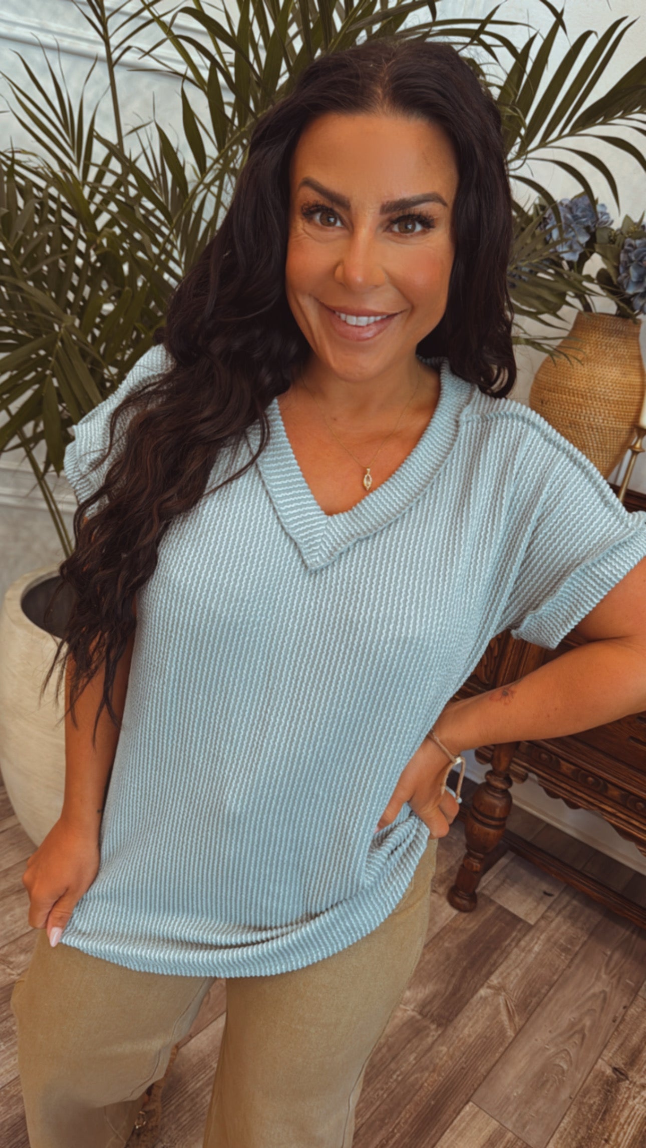 Teal Ribbed Vneck Top