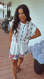 White Shorts With Red White And Blue Sequin Bows