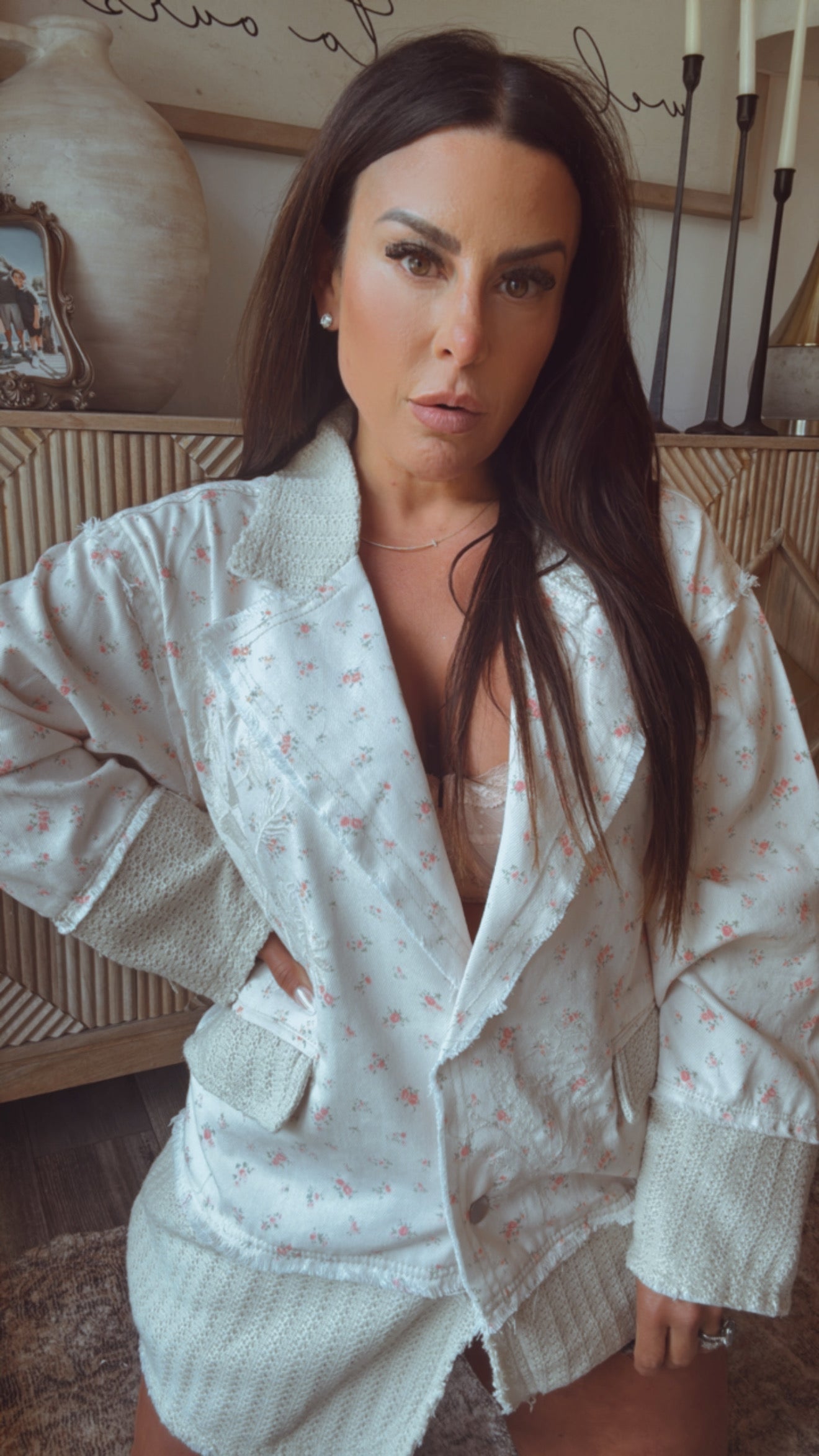 POL Cream and Pink Floral Button Up Denim Jacket