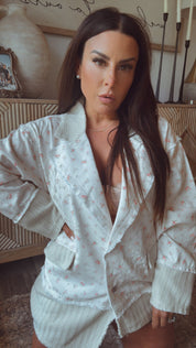 POL Cream and Pink Floral Button Up Denim Jacket