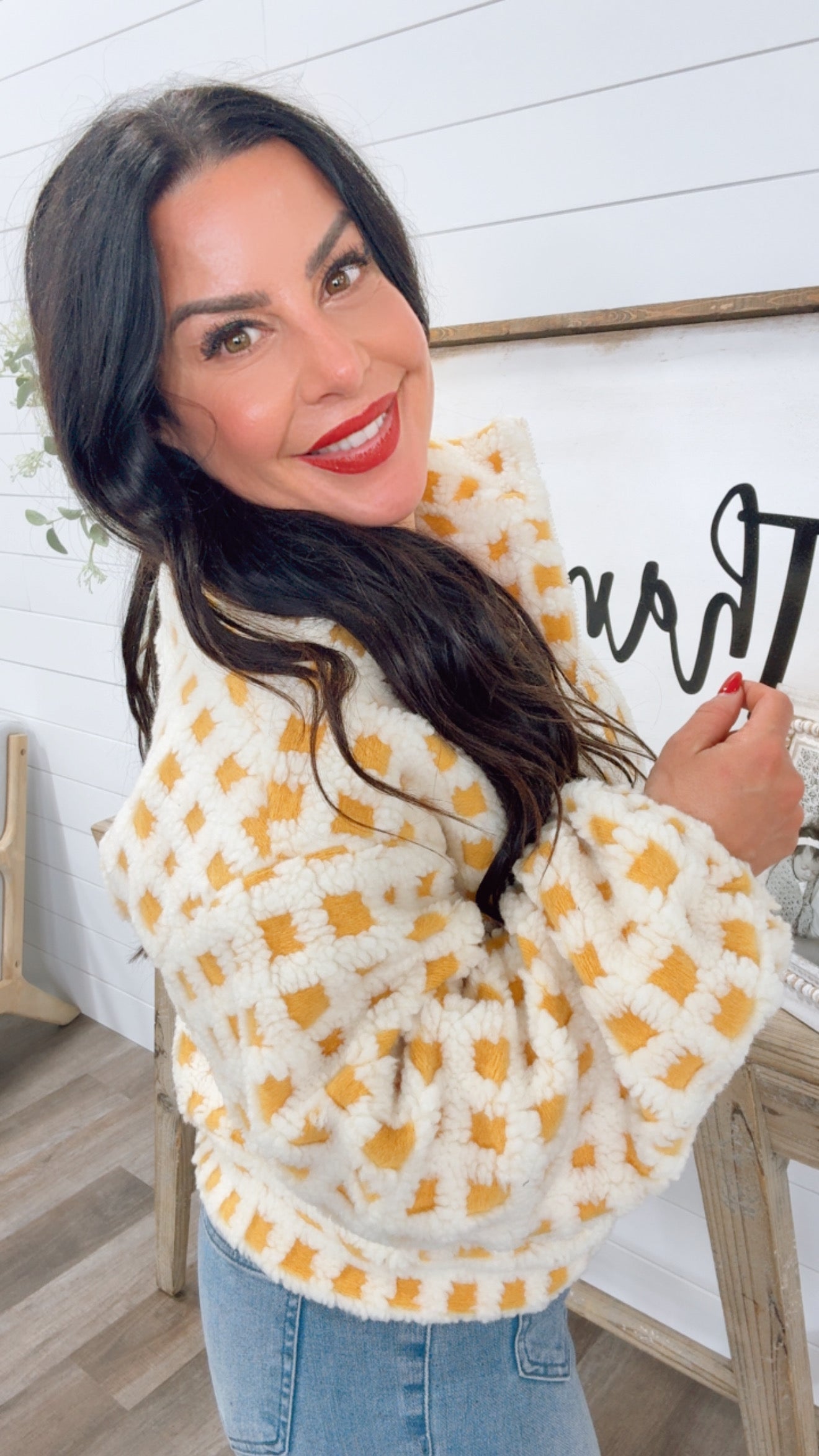 Cream And Yellow Checkered Fuzzy Zip Up Cozy Co Jacket