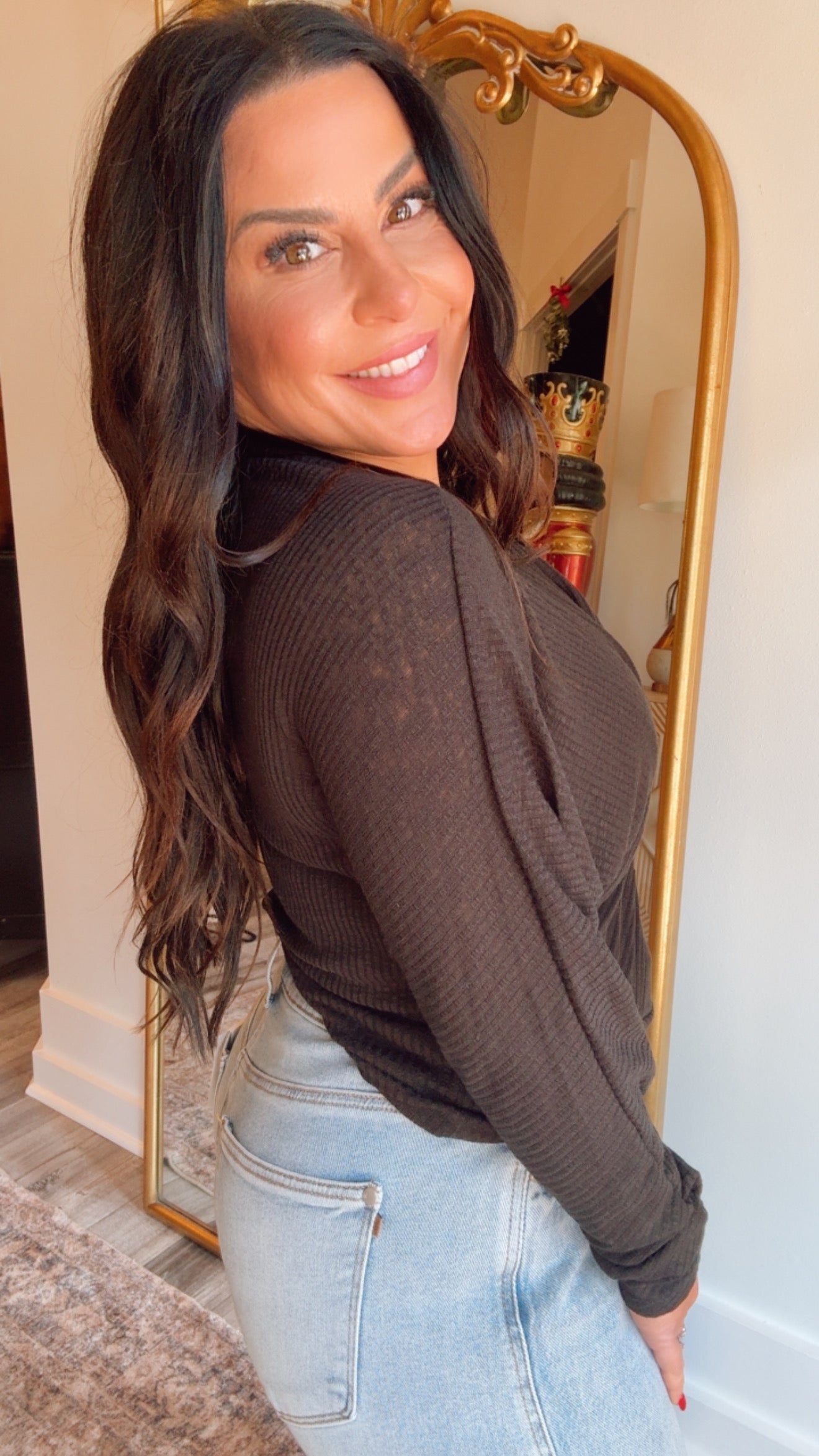 Long Sleeve Lightweight Plunge Neck Top