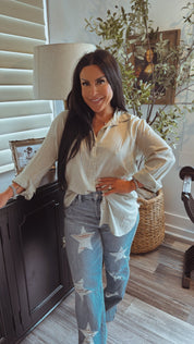 Judy Blue Medium Wash High Waist Distressed Star Straight Leg Jeans