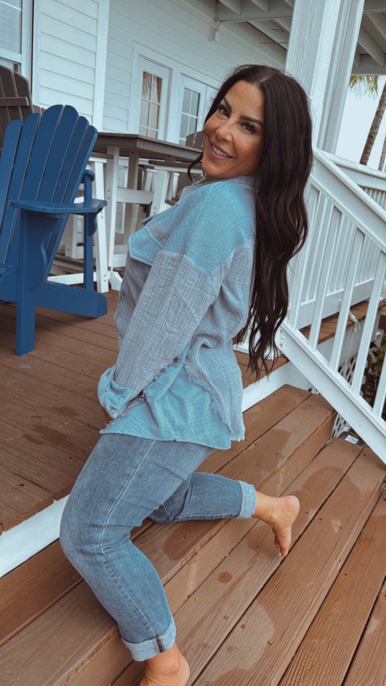 Blue Button Up Linen Long Sleeve Top