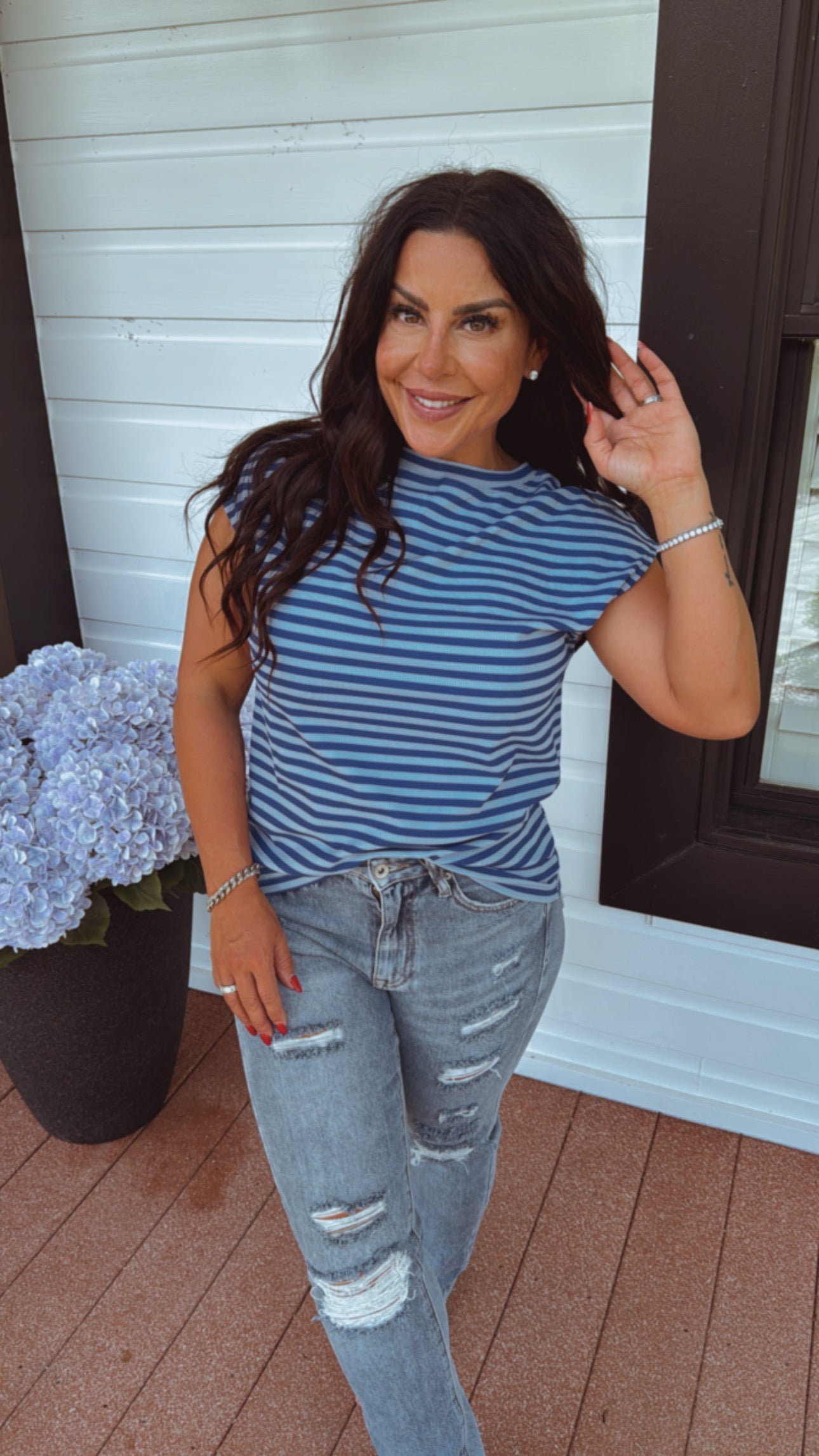 Lightweight Blue Striped and Ribbed Top