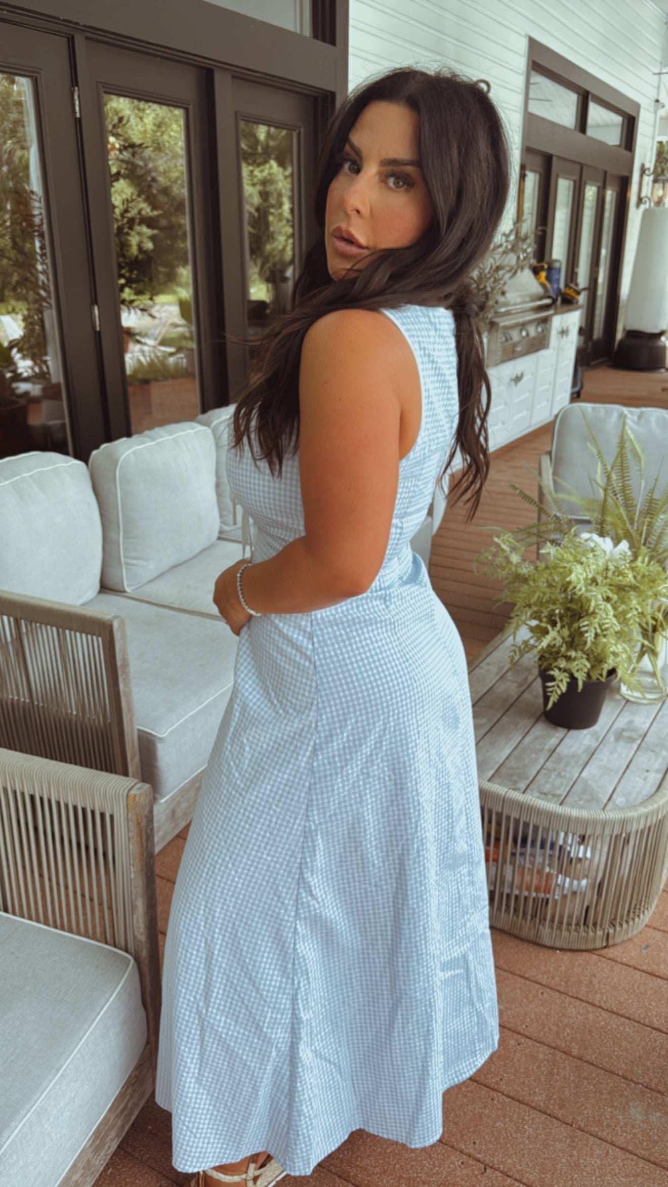 Baby Blue and white Gingham Sleeveless Maxi Dress