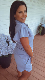 Chic Lilac  Flutter Sleeve 1/4 Zip Black Top