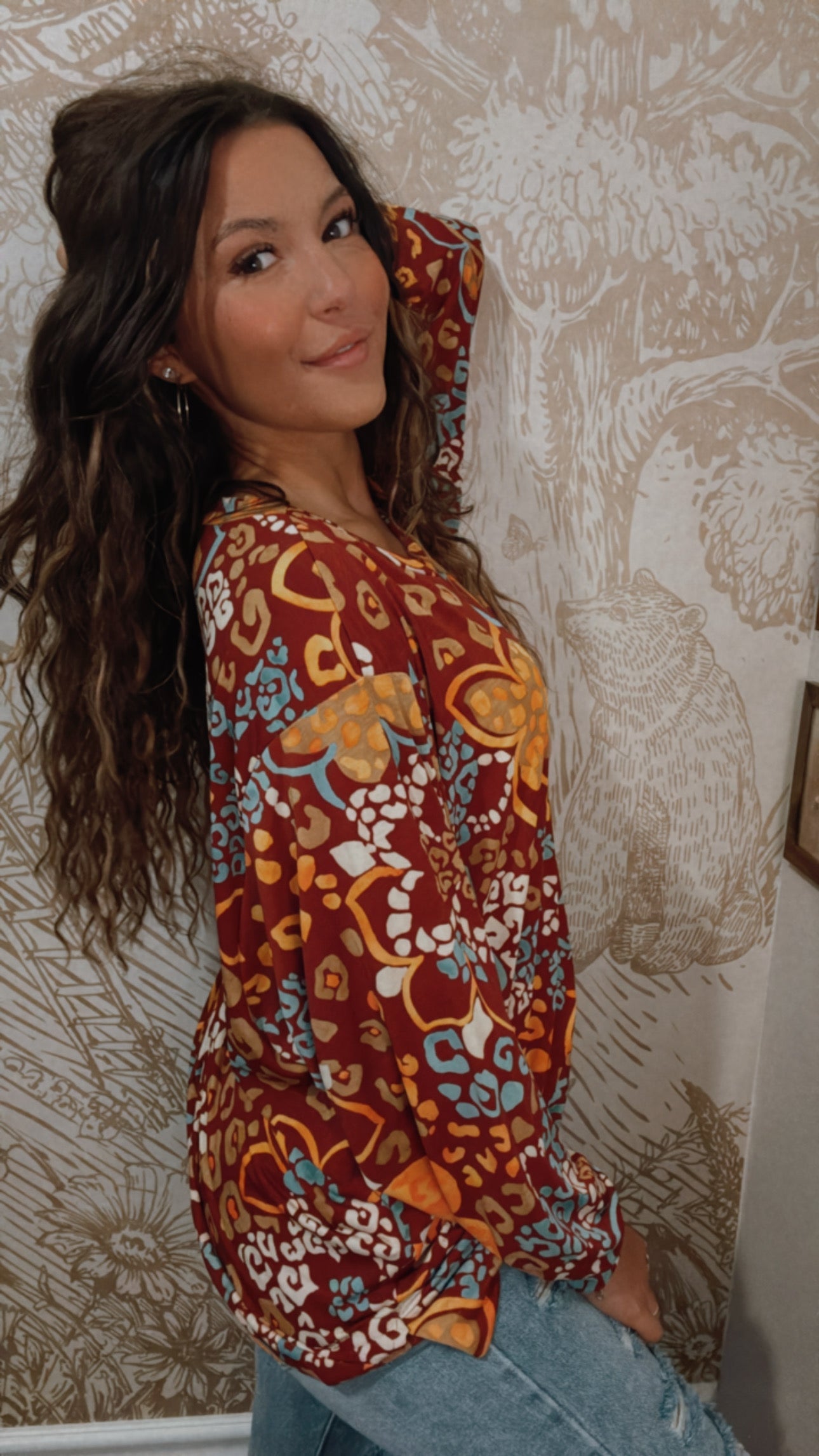 Rust and Teal Long Sleeve Top